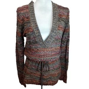 Art & Soul v-neck brown loose knit drawstring waist sweater